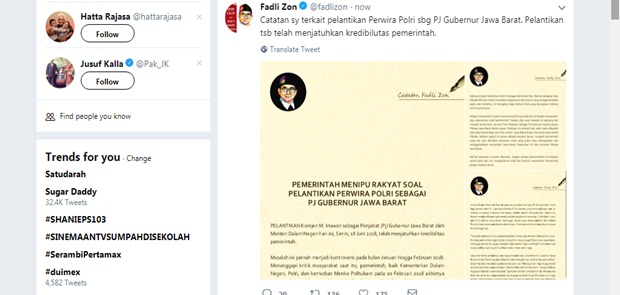 Lantik Iriawan Jadi Pj Gubernur Jabar, Fadli Zon: Pemerintah Menipu Rakyat