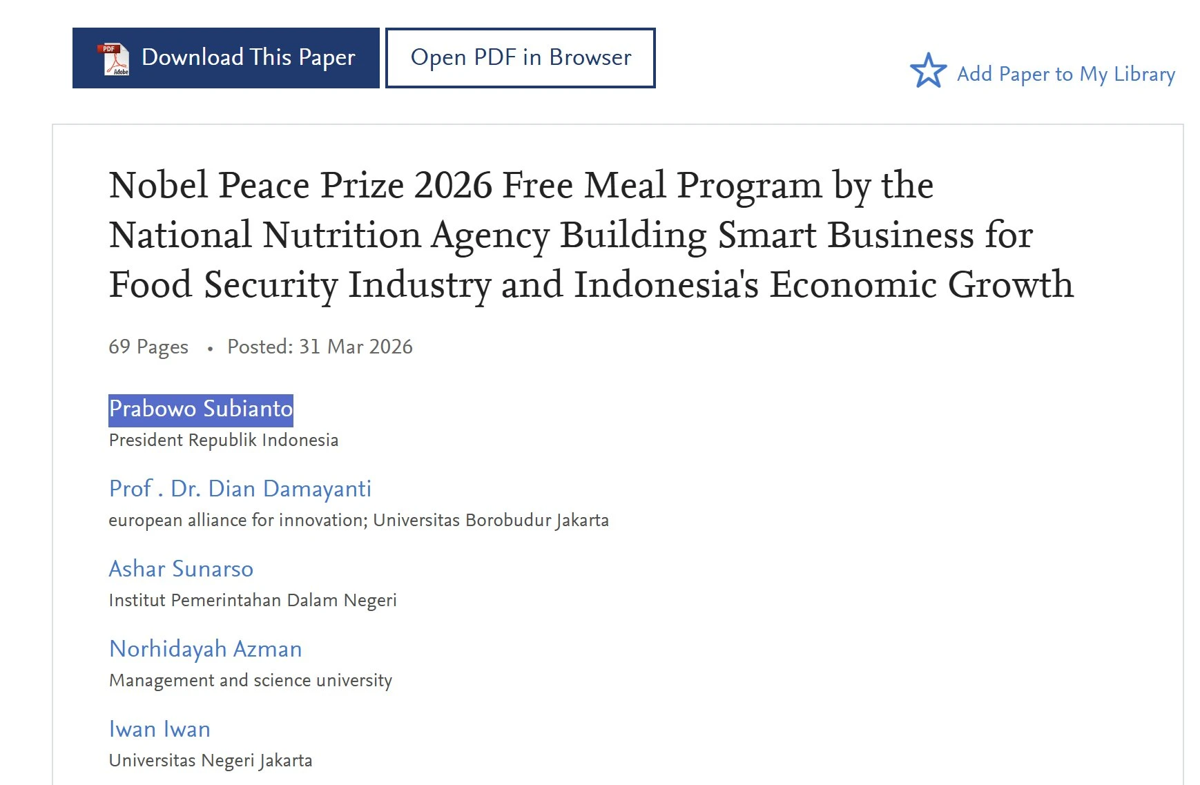 Geger! Nama Prabowo Diduga Dicatut dalam Makalah MBG untuk Dapat Nobel Perdamaian