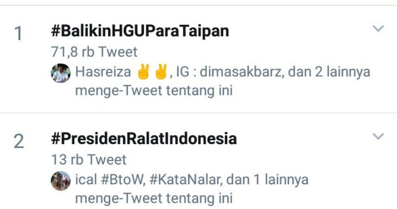 Blunder Jokowi Soal Lahan Prabowo Naikkan #BalikinHGUParaTaipan ke Puncak Trending Topics